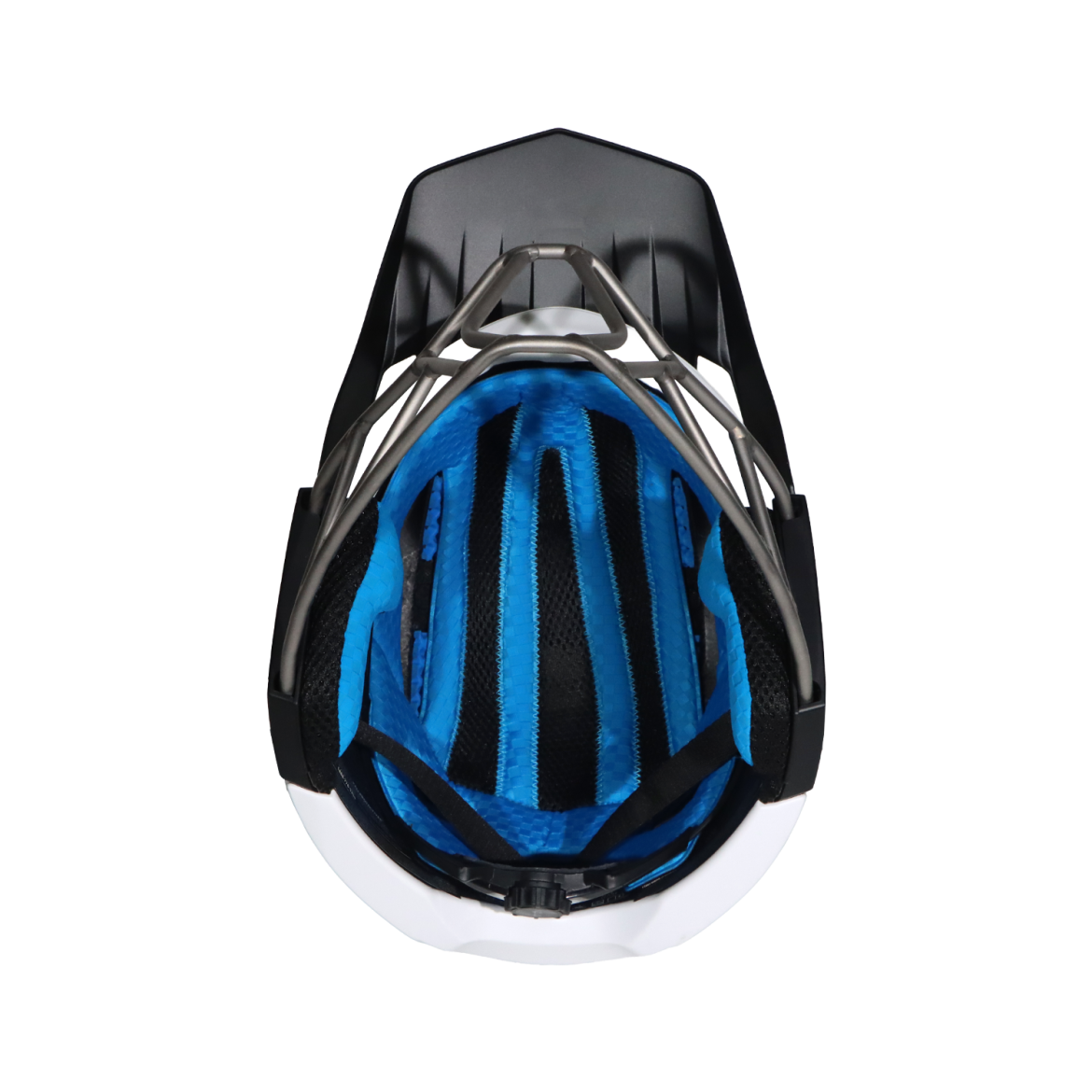 Top view of a sports helmet showing its interior padding and adjustable fit system. The inner lining features a combination of blue and black materials designed for comfort and ventilation, with a plastic skeleton for added support.