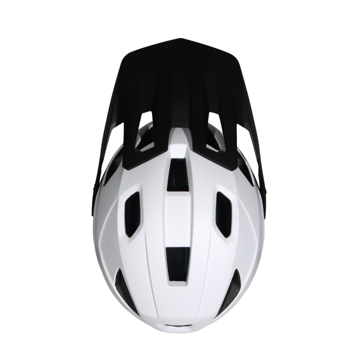 A top view of a white and black bicycle helmet featuring vented designs for improved airflow and comfort. The helmet has a sleek, modern shape, emphasizing safety and style for cyclists.