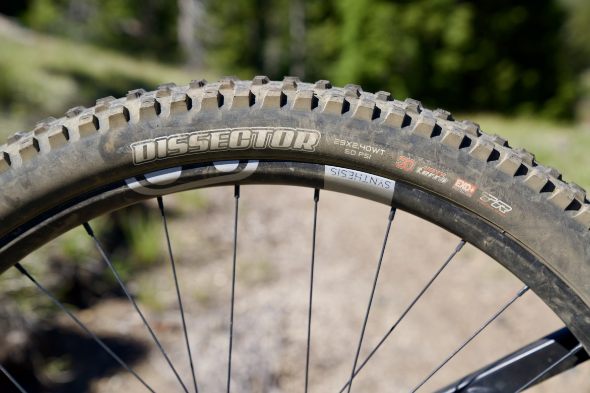 A close-up view of a mountain bike tire labeled "Dissector," showing its tread pattern and specifications, including size 29x2.40WT and recommended pressure of 50 PSI. The tire appears dusty, indicating recent use on a rugged outdoor trail surrounded by greenery.