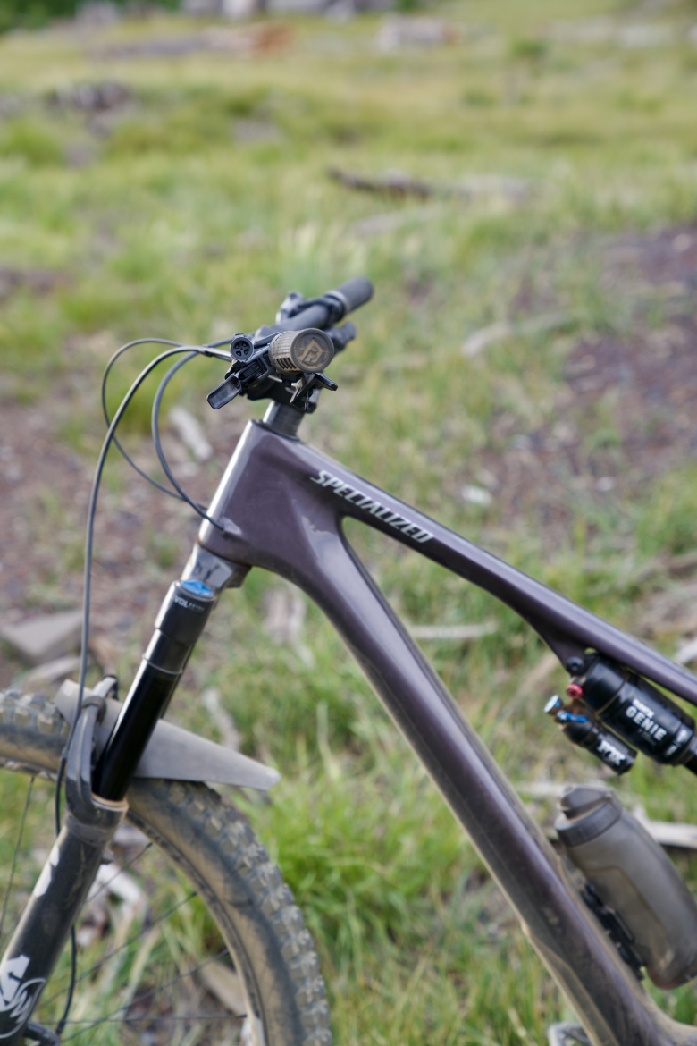 Close-up view of a mountain bike frame, featuring a gray Specialized logo, handlebars with cables, and a shock absorber near the rear wheel. The background shows a grassy area with scattered rocks and natural elements, suggesting an outdoor biking environment.