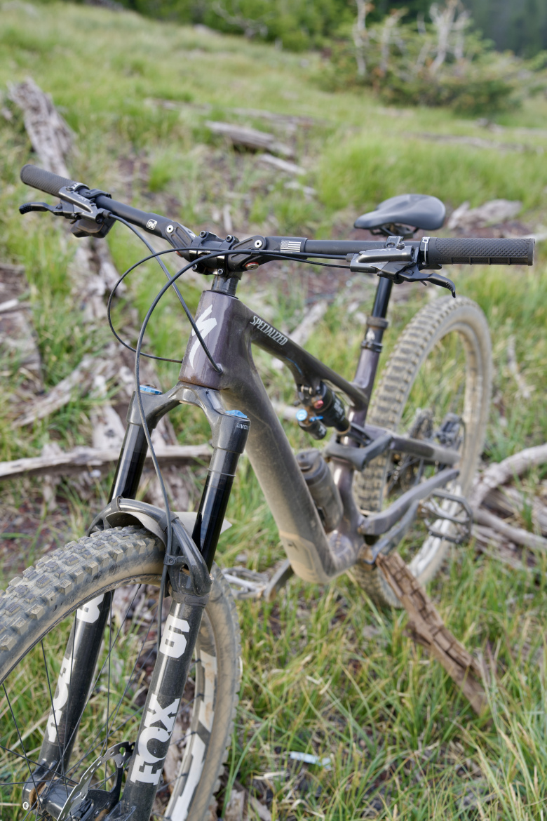 A close-up view of a mountain bike positioned on a grassy trail, showcasing the front fork, handlebars, and saddle. The bike features a dark frame with components labeled "Fox" and the brand name "Specialized" visible. The background includes green grass and fallen tree branches, suggesting an outdoor, rugged environment.