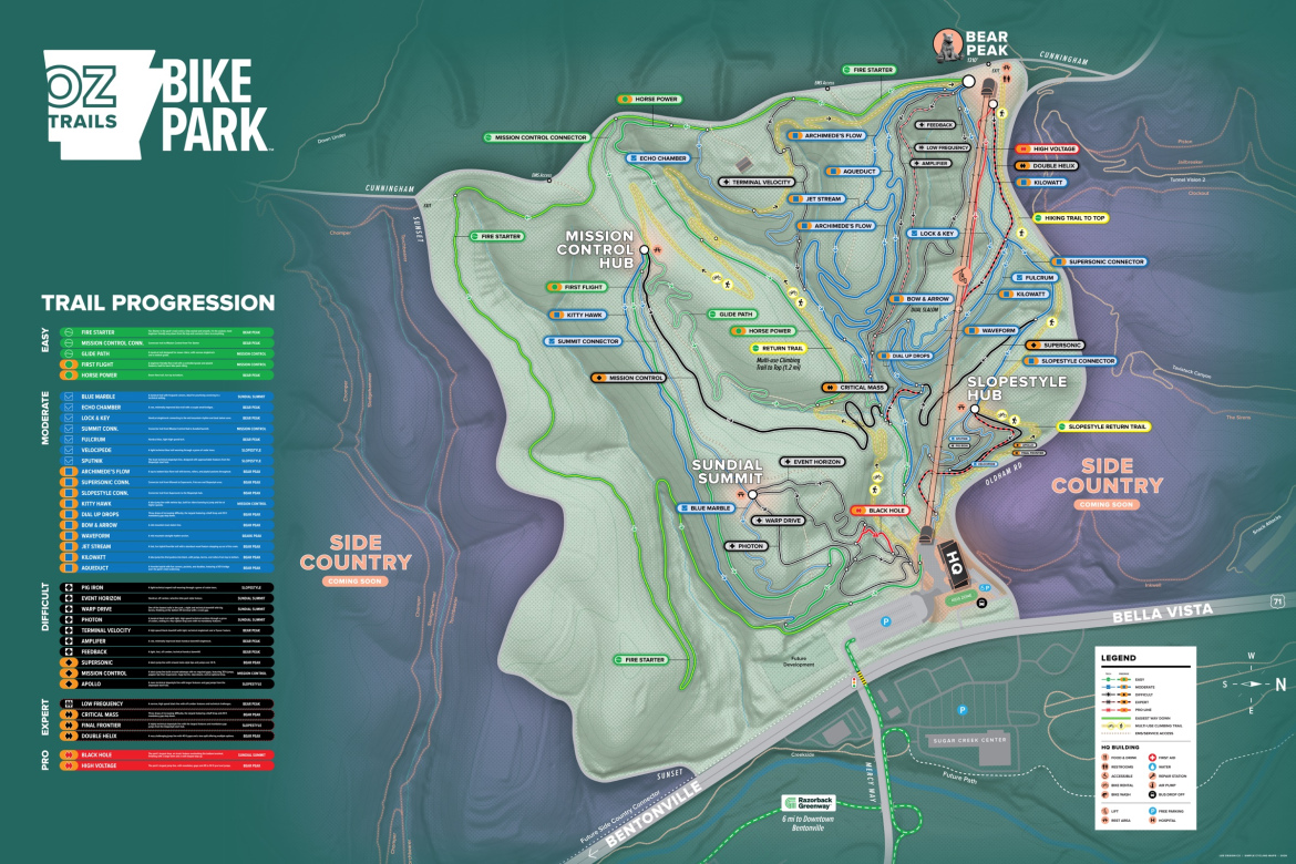 Map of the Oz Trails Bike Park, detailing various bike trails and their difficulty levels. The map includes labeled sections such as the "Mission Control Hub," "Sundial Summit," "Slopestyle Hub," and "Bear Peak," with trails categorized by difficulty—easy, moderate, difficult, expert, and pro. The legend on the right provides additional information on trail features and navigation details.