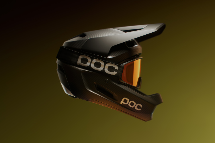 A black POC mountain biking helmet with an orange visor, shown against a gradient background. The helmet features a sleek design and displays the POC logo prominently on both sides.