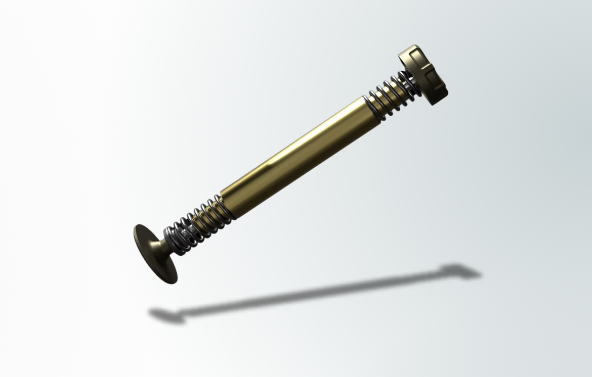 An illustration of a long, metallic screw with a golden shaft and coiled metal spring at each end, casting a shadow on a light background.