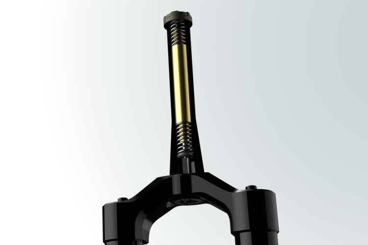 Detailed view of a bicycle suspension fork with a black finish, highlighting the internal components including a yellow spring and piston. The fork is positioned vertically on a light gradient background, showcasing its design and functionality.