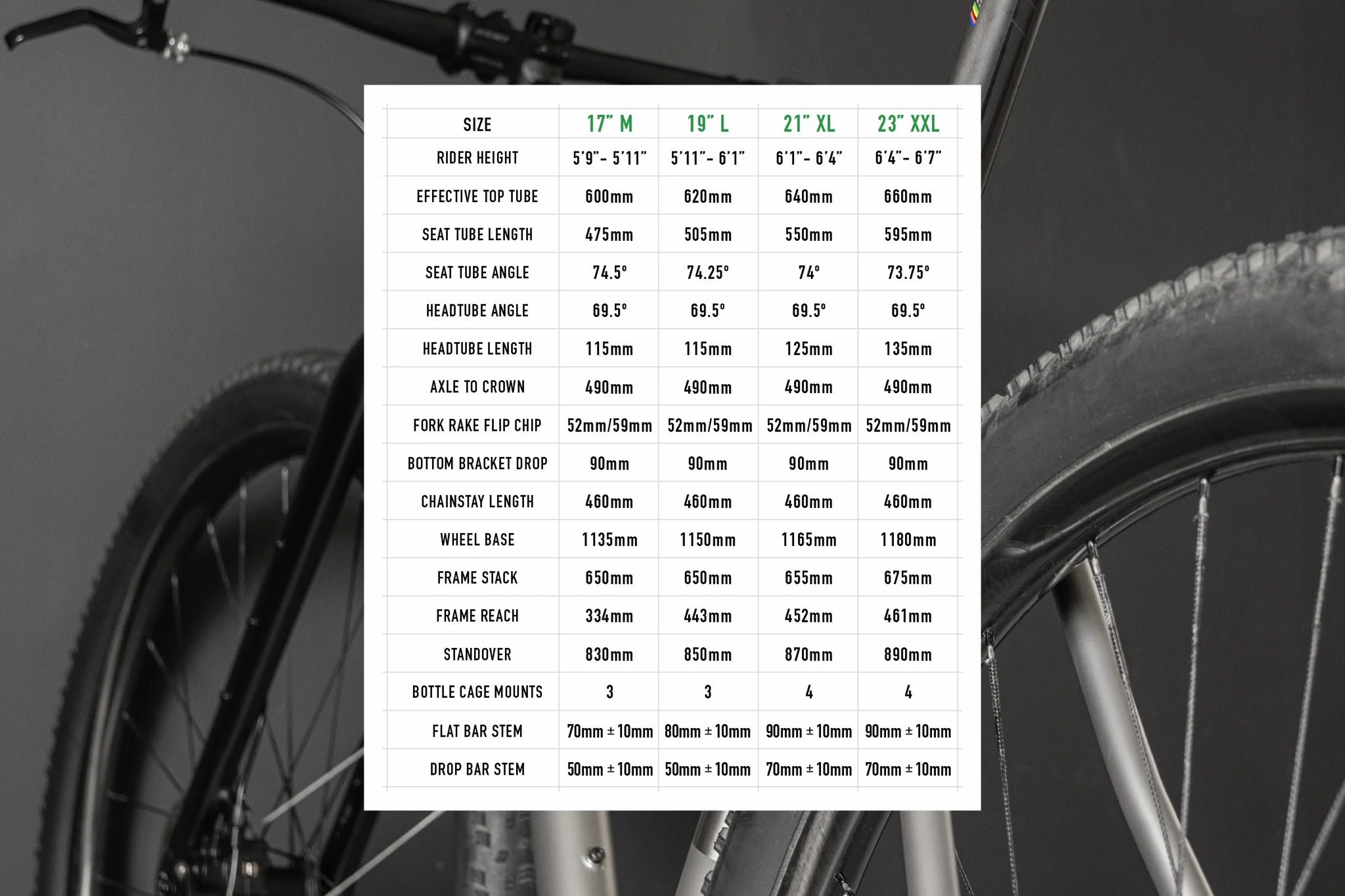 Twin Six Standard Ti 3x2 32er bike geometry chart