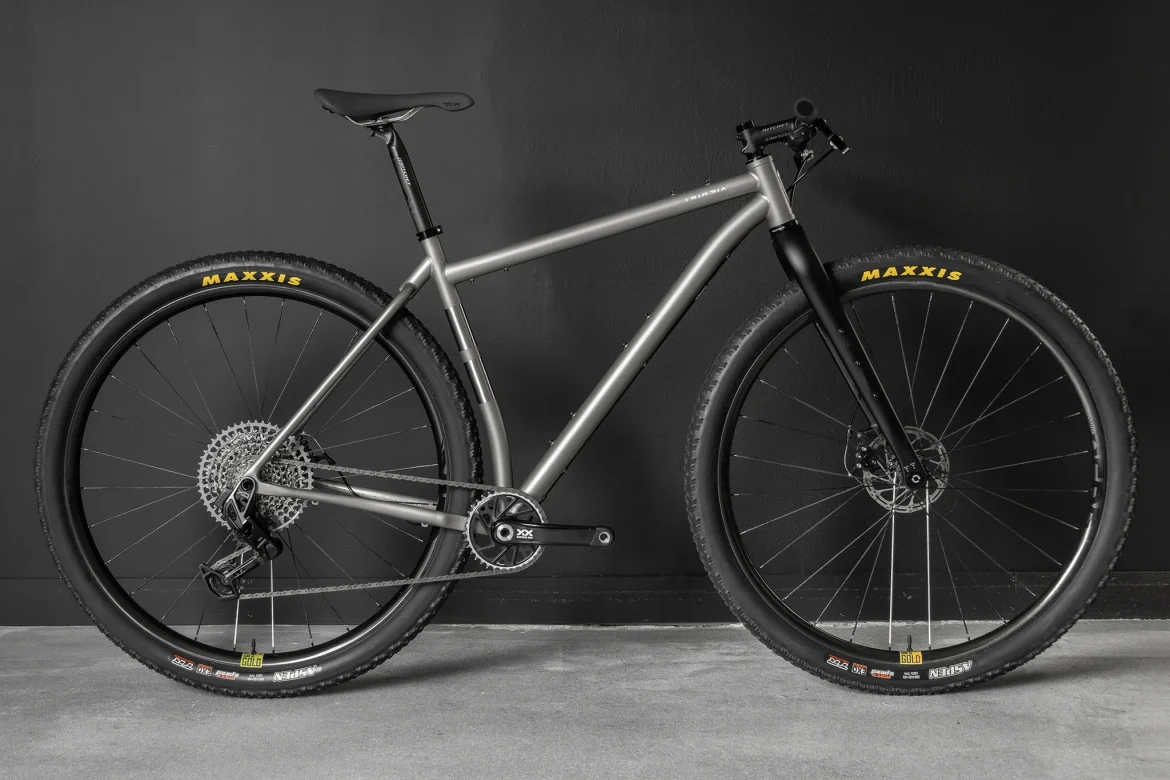 Alt text: A sleek, modern bicycle with a silver frame, black rims, and Maxxis tires, positioned against a dark wall. The bike features a single gear setup and a minimalist design, showcasing its lightweight construction.