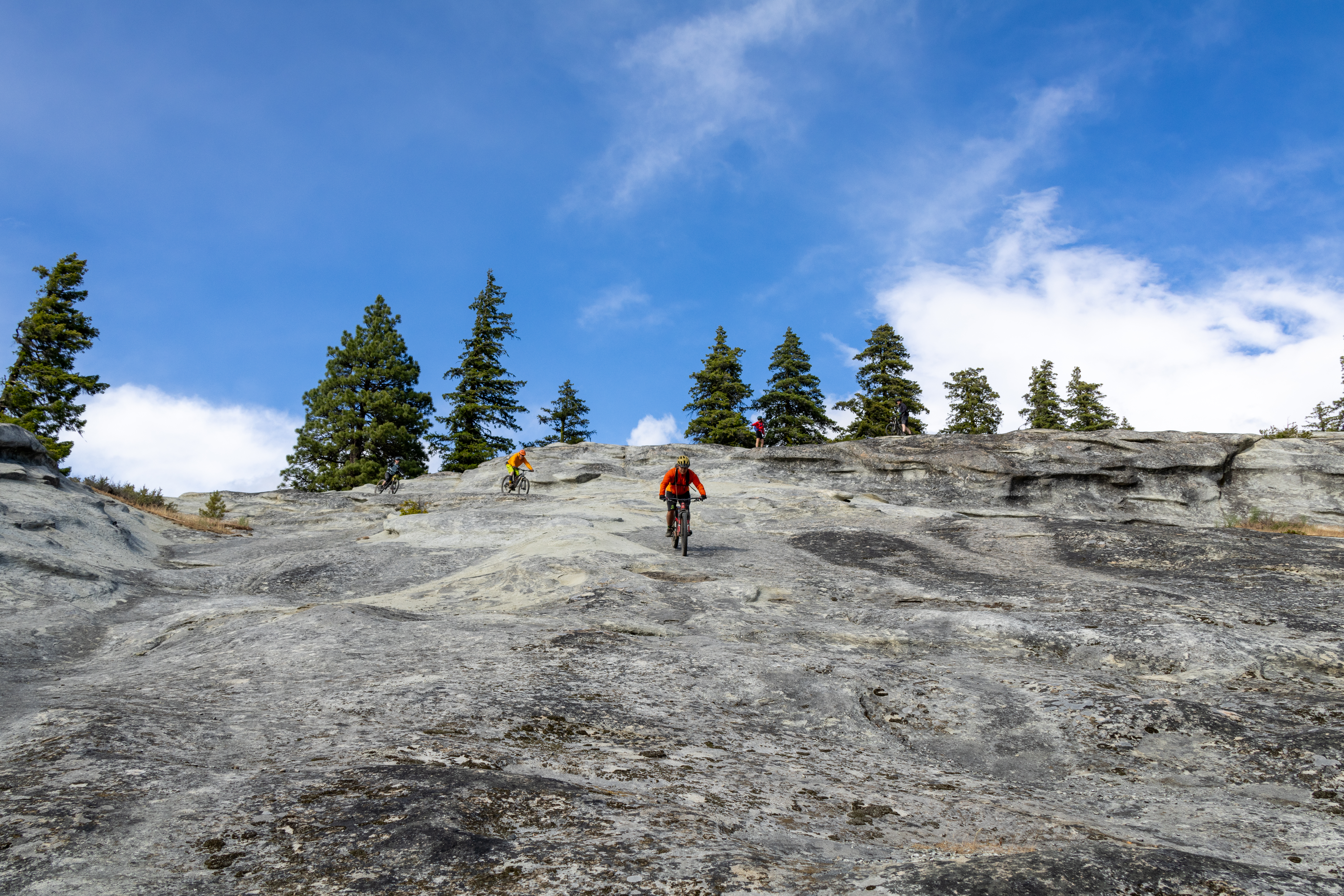 A group of mountain bikers navigating a rocky terrain under a blue sky with scattered clouds and tall pine trees in the background.