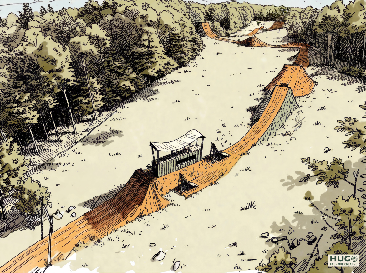 An aerial illustration of a dirt bike or mountain bike course in a forested area, featuring several ramps and a starting platform. The course includes various terrain changes with dirt jumps and winding paths, surrounded by trees and an open field. The sketch-like style incorporates earthy tones and texture details, giving it an artistic feel.