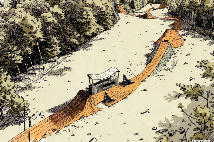 An aerial illustration of a dirt bike or mountain bike course in a forested area, featuring several ramps and a starting platform. The course includes various terrain changes with dirt jumps and winding paths, surrounded by trees and an open field. The sketch-like style incorporates earthy tones and texture details, giving it an artistic feel.