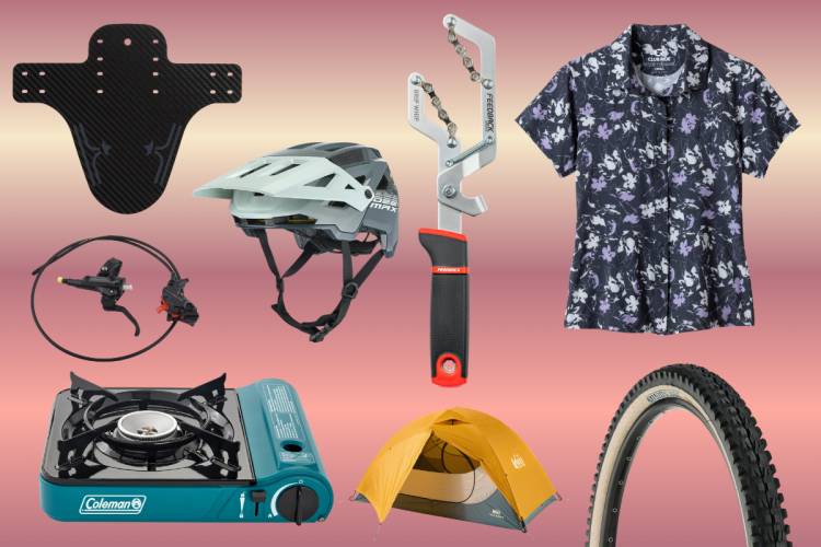 A collection of outdoor gear including a black mudguard, a light grey helmet, a bicycle brake lever, a floral-patterned shirt, a multi-tool, a camping stove, a yellow tent, and a bicycle tire, all set against a gradient pink background.
