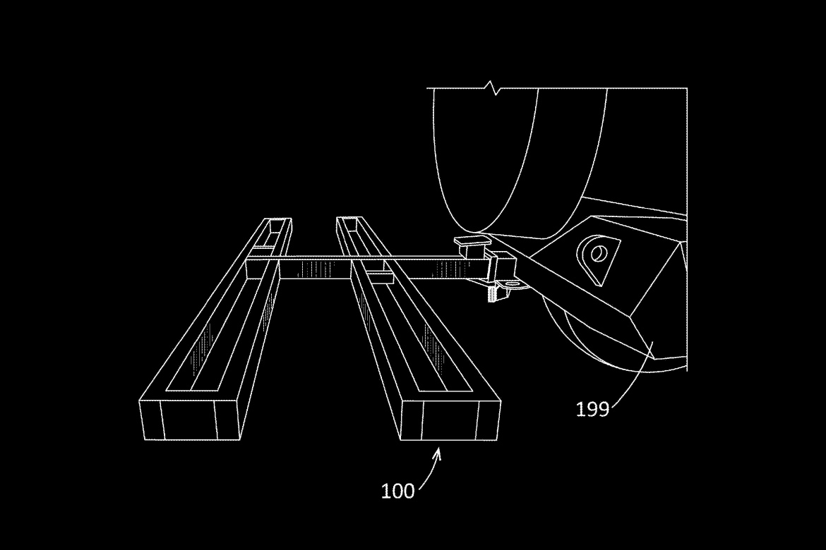 Diagram illustrating a mechanical component with labeled parts, featuring two parallel rods and a rotating element, set against a black background. Points "100" and "199" are indicated, suggesting specific mechanical features or functions.