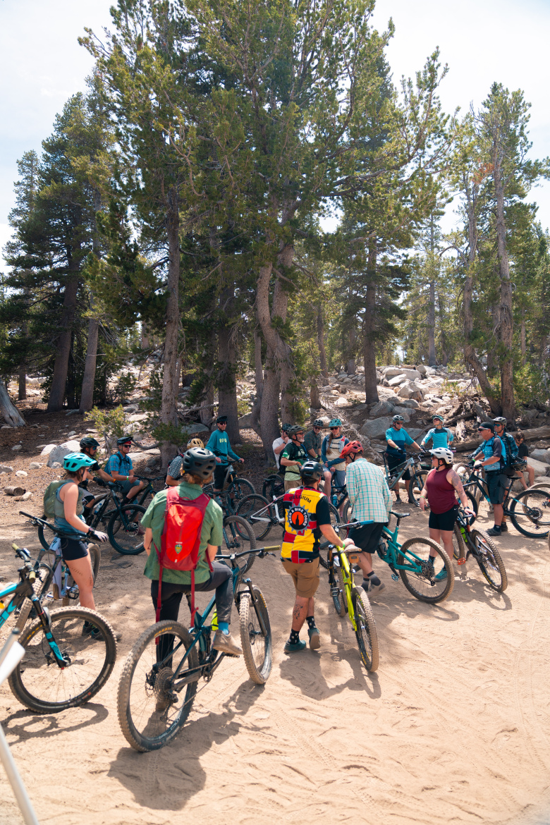 A group of mountain bikers gathers in a forested area surrounded by tall trees and rocky terrain. The cyclists are wearing helmets and various biking gear, with their bikes positioned nearby. The scene captures a moment of discussion or instruction, showcasing the outdoor biking community in a natural setting.