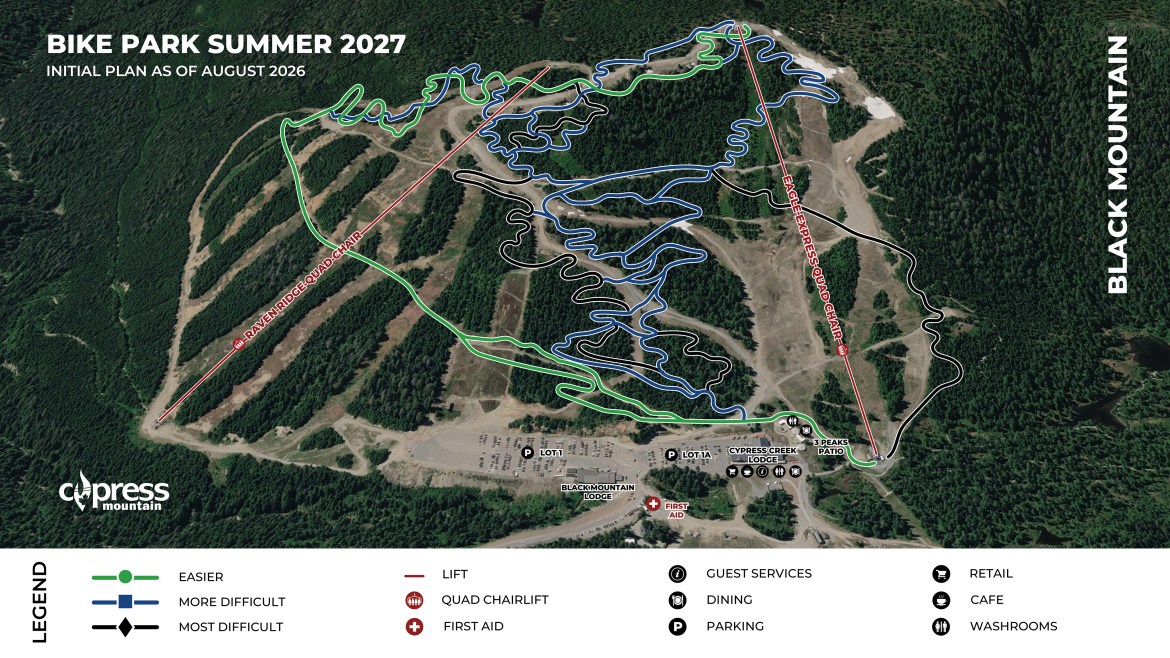 A map of Black Mountain Bike Park for summer 2027, showing biking trails of varying difficulty levels, designated by different colors: green for easier trails, blue for more difficult, and black for the most difficult. The map includes icons for lifts, guest services, dining, parking, and first aid, along with a legend for navigation.
