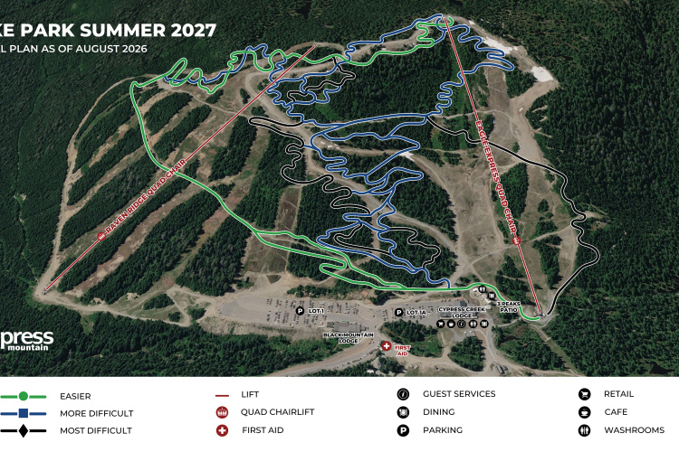 A map of Black Mountain Bike Park for summer 2027, showing biking trails of varying difficulty levels, designated by different colors: green for easier trails, blue for more difficult, and black for the most difficult. The map includes icons for lifts, guest services, dining, parking, and first aid, along with a legend for navigation.