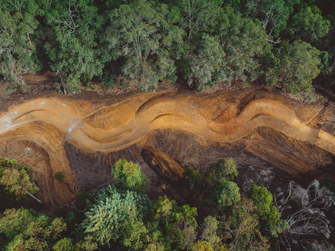 Aerial view of a winding dirt path through a forest, showcasing a mixture of earthy tones and lush greenery surrounding the track. The path features smooth curves and undulations, indicating a designed trail or bike track, set against a backdrop of dense trees.