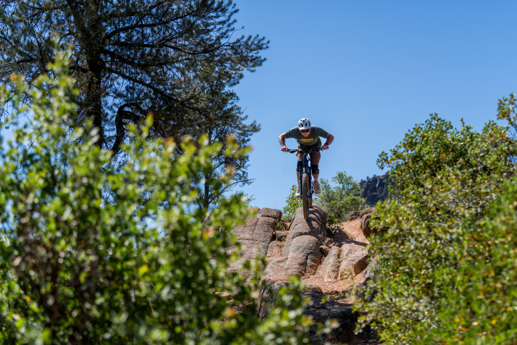 A mountain biker descends a rocky hill, navigating over natural terrain, with lush greenery in the foreground and a clear blue sky above.