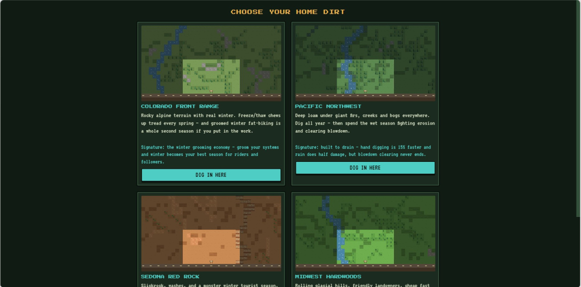 A digital interface displaying four distinct regions for selecting a mountain biking terrain. Each section includes a brief description of the location and its unique features, alongside a button labeled “DIG IN HERE.” The regions listed are Colorado Front Range, Pacific Northwest, Sedona Red Rock, and Midwest Hardwoods, each illustrated with simplified, pixelated maps representing their landscapes.