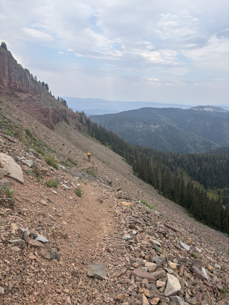A hiker in a yellow jacket walks along a rocky trail on a mountainside, with layered hills and dense forest in the background under an overcast sky.