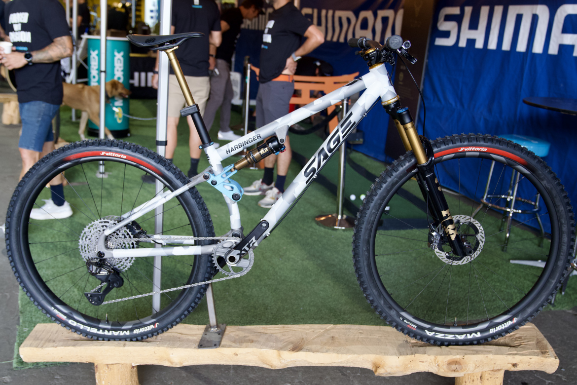 A modern mountain bike displayed on a wooden stand at an event, featuring a white and black frame with gold accents. The bike has thick tires suitable for off-road terrain and is equipped with a high-performance rear suspension. In the background, individuals can be seen engaging, with a blue tent and a dog visible behind them.