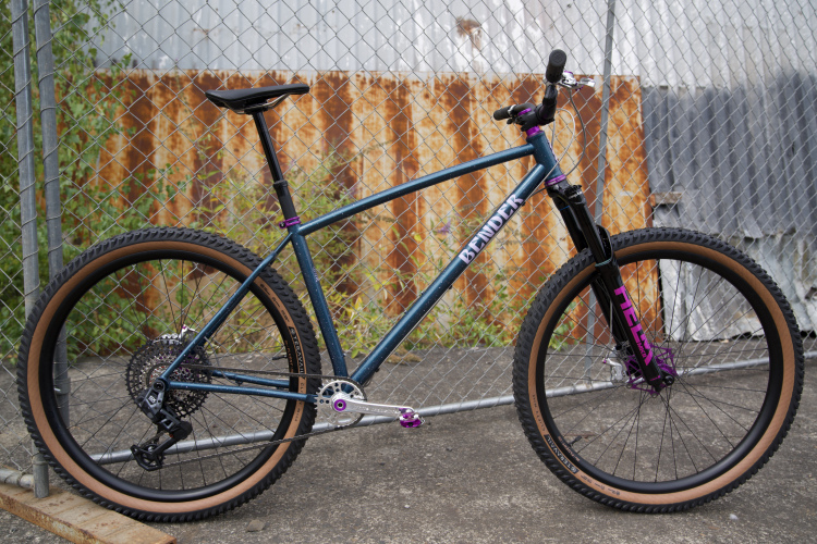 A blue and purple mountain bike with a sleek design is positioned against a chain-link fence. The bike features a single gear setup, wide tires with a brown sidewall, and a prominent fork. A backdrop of rusted metal adds texture to the scene, complemented by greenery in the background.