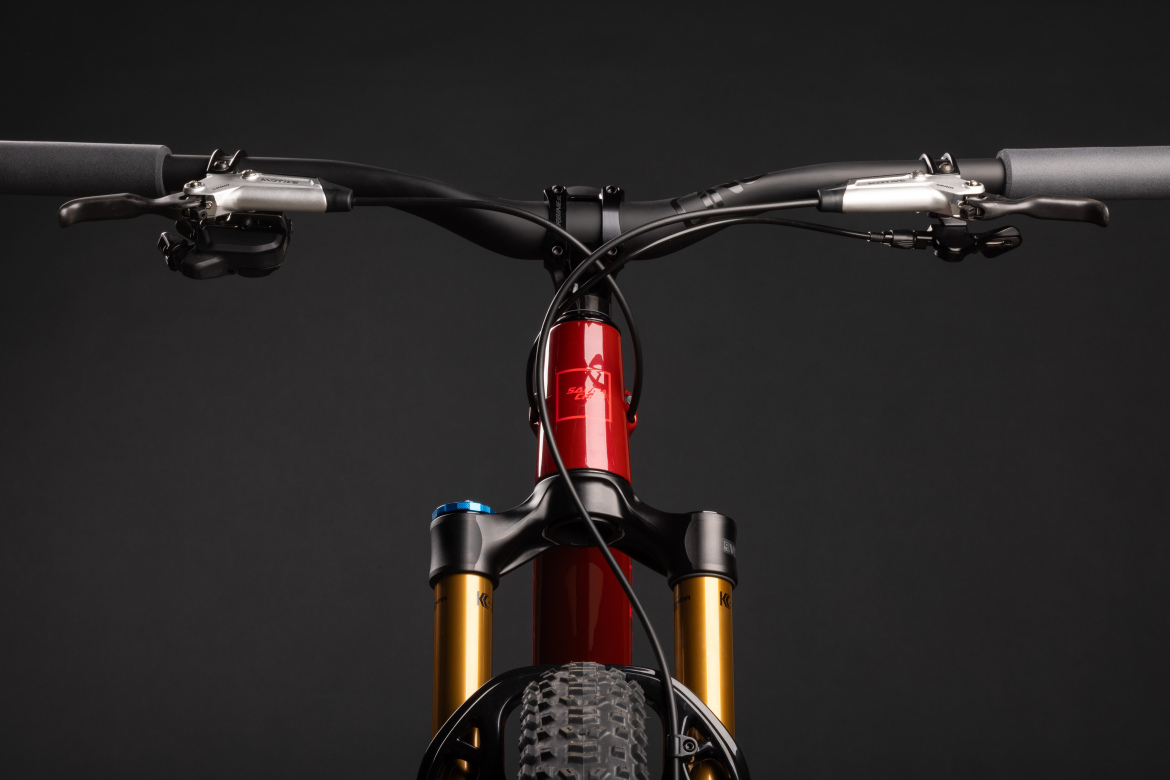 Close-up view of a mountain bike's handlebars and front suspension. The handlebars are black with gray grips and equipped with brake levers. The bike frame is a striking red color, and the front suspension features gold stanchions, giving a sleek and high-performance appearance. The background is dark, highlighting the bike’s details.