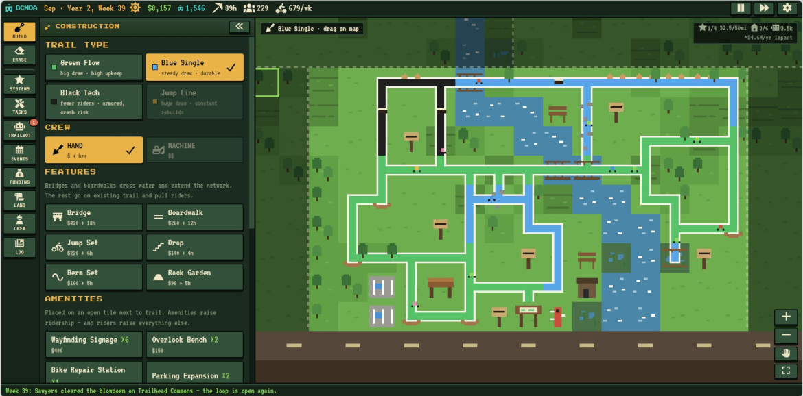 A screenshot from a game displaying a colorful map of a trail construction project. The left side features a menu with options for trail types, crew management, and amenities. The trail layout includes various colored paths, bridges, and water bodies, alongside icons representing features like benches and signage. The interface shows detailed information about resources, tasks, and progress updates.
