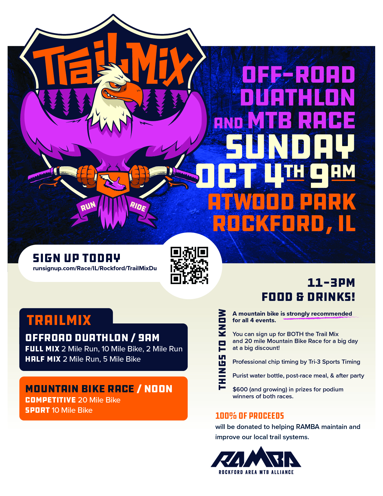 Image promoting the Trail Mix Off-Road Duathlon and Mountain Bike Race, featuring a stylized eagle graphic with purple wings and a determined expression. The event details include the date (Sunday, October 4th, 9 AM), location (Atwood Park, Rockford, IL), and race options: Trail Mix Offroad Duathlon and a Mountain Bike Race. Additional information about registration, prizes, food, and proceeds supporting local trail maintenance is also included.