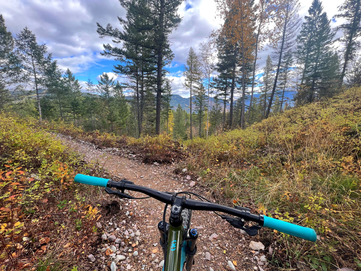 A mountain bike is positioned in the foreground, with the handlebars and grips visible. The bike is on a gravel trail surrounded by a forest of tall evergreen trees and colorful autumn foliage. In the background, rolling mountains are visible under a partly cloudy sky.