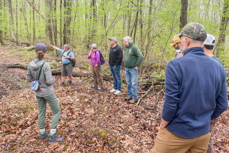 A group of people participating in a guided nature walk in a forested area. One man, standing with his arm raised, is explaining something to the others, who are attentively listening. The group consists of various individuals wearing casual outdoor clothing, surrounded by trees and green foliage, with leaves on the ground indicating an early spring setting.