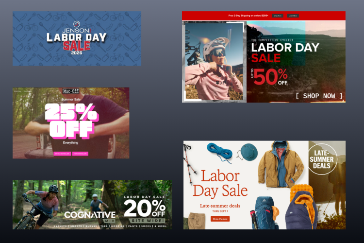 A collage of promotional banners for various Labor Day sales. The banners feature discounts and offers, including "Labor Day Sale 2026" from Jenson, "25% Off Everything" from Muc-Off, "Up to 50% Off" from The Competitive Cyclist, "20% Off Sitewide" from Cognative MTB, and late summer deals on clothing and outdoor gear. Bright colors and bold text highlight the sales and encourage shopping.