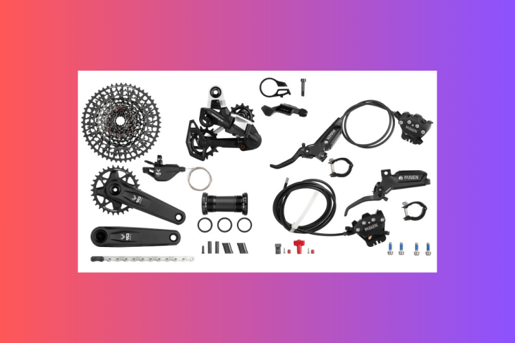 Bicycle component kit including a cassette, derailleur, crankset, brake levers, cables, and various hardware, arranged on a white background.