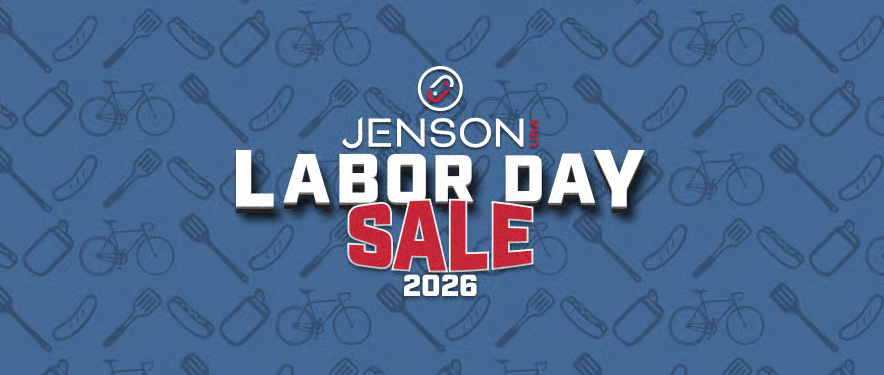 Graphic promoting Jenson USA's Labor Day Sale for 2026, featuring a blue background with repeated patterns of bicycles and cooking utensils. The text "JENSON" is displayed at the top, followed by "LABOR DAY SALE" in large, bold letters, and the year "2026" at the bottom.