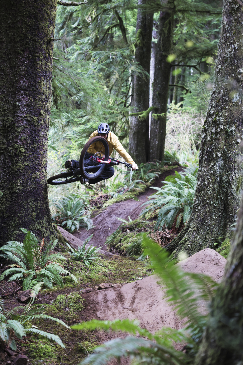 A mountain biker in a yellow jacket performs a jump over a dirt trail surrounded by lush greenery and tall trees in a forested area. The rider is airborne, with one wheel raised and the bike in mid-air, showcasing a dynamic and adventurous moment in mountain biking. Ferns and moss-covered ground add to the natural setting.