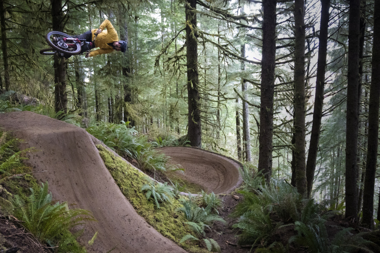 Mountain biker performing a mid-air jump on a dirt ramp in a lush, green forest surrounded by tall trees and ferns.
