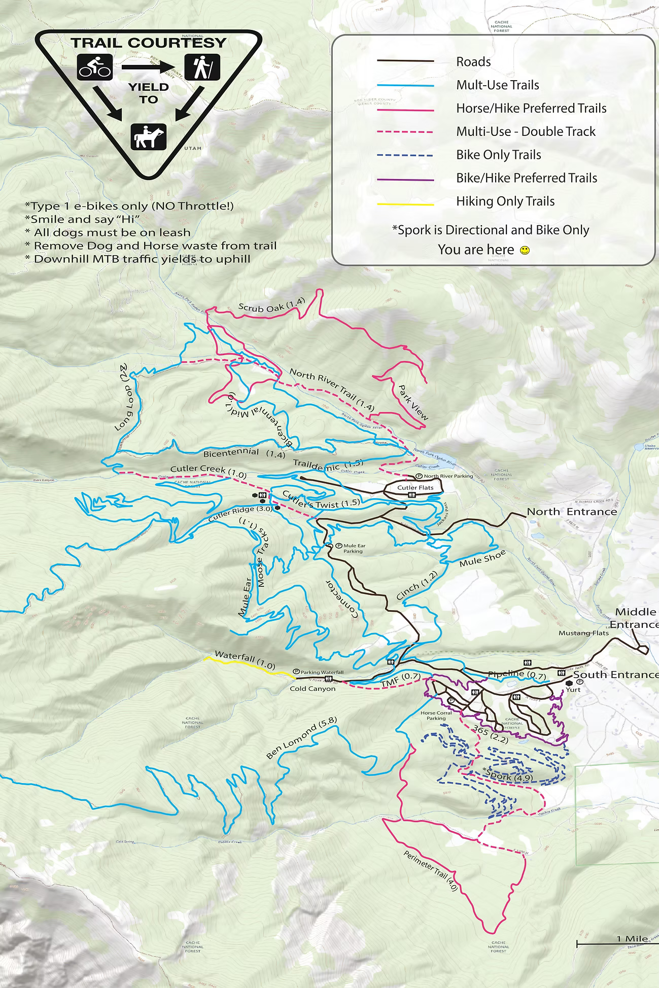 Map of hiking and biking trails featuring various trail types, including roads, multi-use trails, bike-only trails, and hiking-only trails. The map includes directional signs, trail names, distances, and parking locations, along with guidelines for trail courtesy.  North Park mountain bike trail.