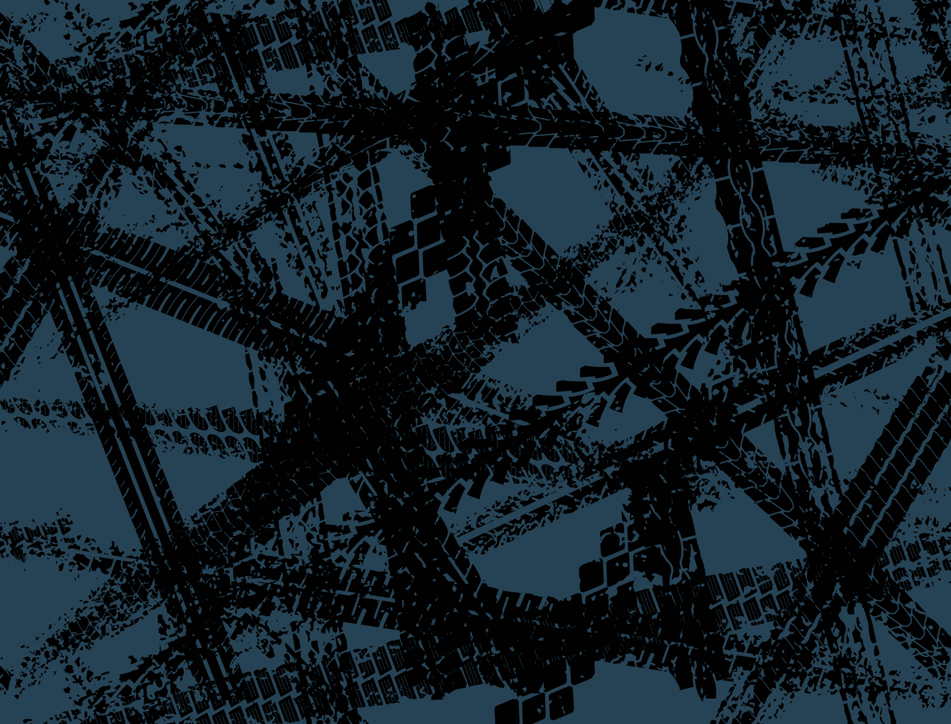 Abstract pattern of overlapping black tire tread marks on a dark blue background, creating a textured and dynamic visual effect.
