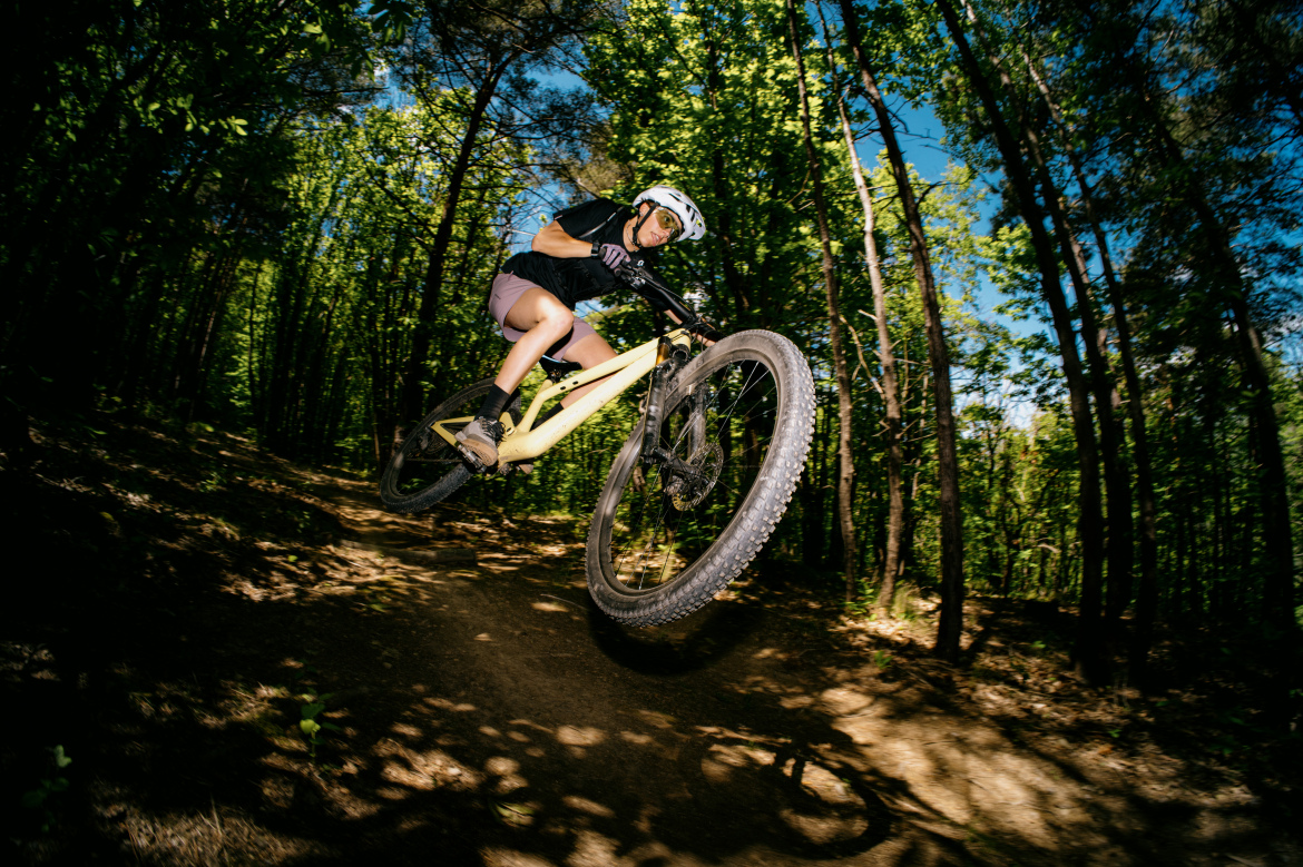 A mountain biker performing a jump on a forest trail, surrounded by trees and dappled sunlight, showcasing an action-packed moment of outdoor sport.
