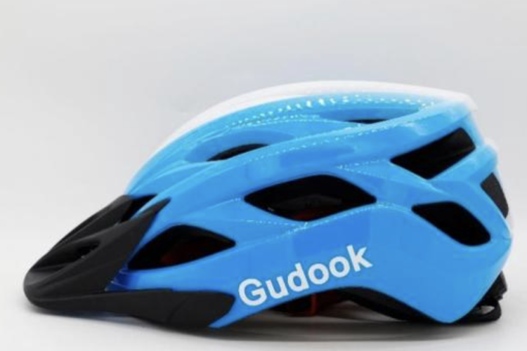 A blue and white cycling helmet featuring a sleek design and ventilation holes, with the brand name "Gudook" displayed on the side.