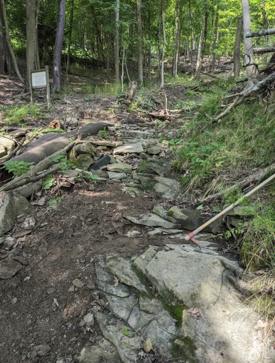 A rocky, uneven trail winds through a forest, surrounded by trees and underbrush. A sign is visible in the background, indicating this is a designated area. A tool rests on the ground, suggesting recent maintenance or exploration in this natural setting.