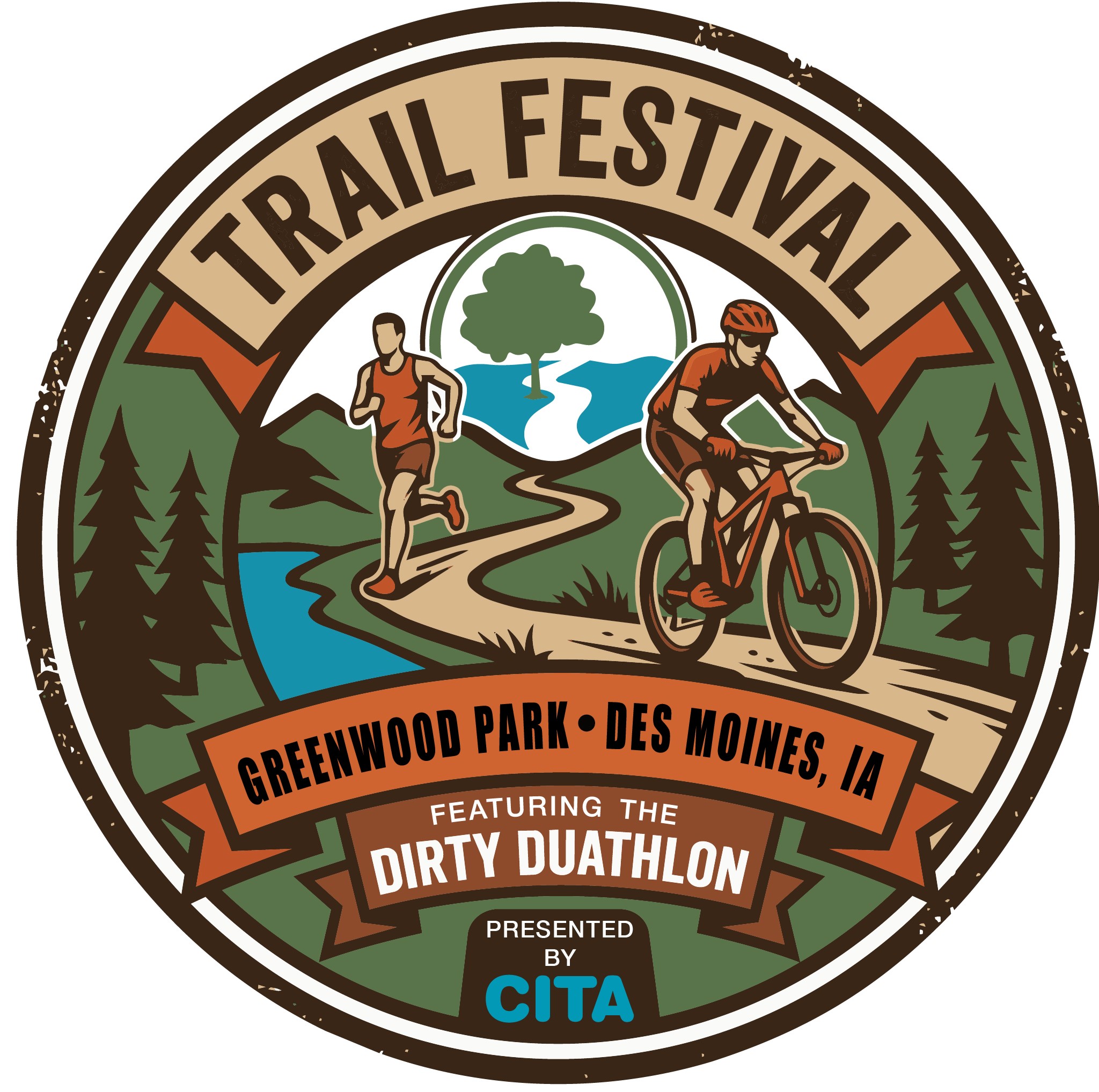 Circular logo for the Trail Festival, featuring illustrations of a runner and a mountain biker on a winding path. The background includes trees, a lake, and a large tree in the center. The text "Trail Festival" is prominently displayed at the top, with "Greenwood Park • Des Moines, IA" and "featuring the Dirty Duathlon, presented by CITA" at the bottom. The overall design has a rustic, outdoor theme.