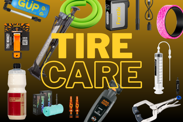 Image showing a collection of tire care tools and products including a tire pump, sealant, pressure gauge, valves, and assorted accessories with the text "TIRE CARE" prominently displayed in the center.