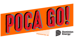 Bright orange background with the text "POCA GO!" in large, bold letters. The letters are styled in red with a distressed texture and blue outlines, creating a dynamic and energetic appearance.