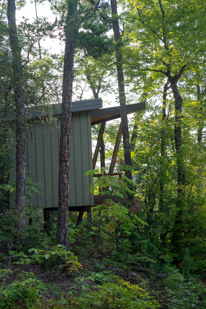 A wooden cabin elevated on stilts, nestled among trees in a forested area. The structure features a green exterior with a slanted roof, surrounded by lush green foliage and tall pine trees. Sunlight filters through the leaves, creating a serene and peaceful atmosphere.
