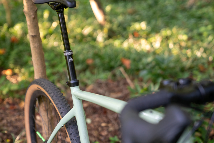 A close-up view of a bicycle's seat post and frame, showing a dropper post mechanism. The bike features a mint green frame and a textured tire with a brown sidewall. In the background, blurred greenery suggests an outdoor setting, with fallen leaves and soft lighting enhancing the natural atmosphere.