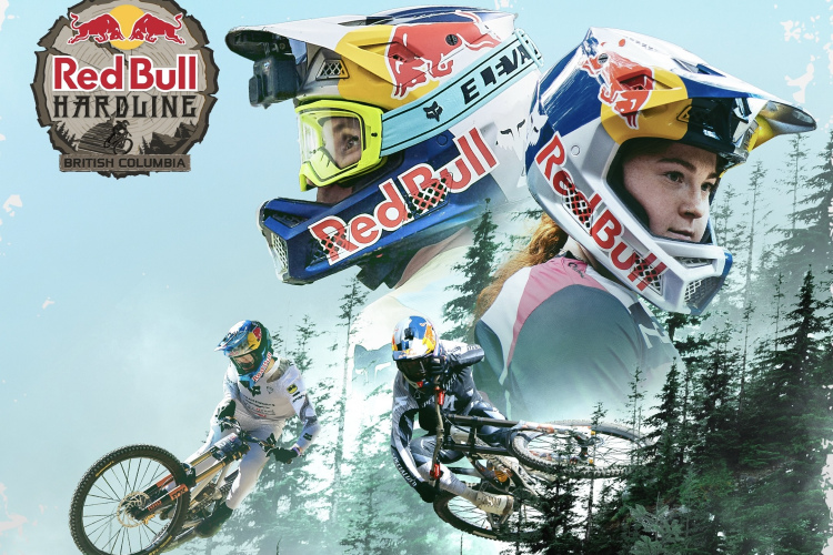Image featuring a dynamic collage for the Red Bull Hardline event in British Columbia. The design includes images of two mountain bikers performing jumps against a backdrop of trees, along with close-up shots of riders wearing helmets branded with the Red Bull logo. The event logo is prominently displayed in the corner.