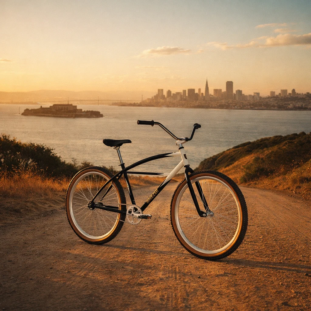 A black and white bicycle stands on a dirt path overlooking a body of water, with a view of a city skyline during sunset. The scene includes distant landmarks and a golden sky, highlighting a peaceful and scenic landscape.