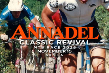 A vibrant scene of mountain bikers competing in the Annadel Classic Revival race, set in a lush, green landscape. The image features several cyclists in motion, showcasing their racing gear and bikes on a rugged trail. The event is highlighted with the text "Annadel Classic Revival," with details of the race date, November 15, 2026, in Santa Rosa, California, along with a photo credit to Dave Peoples.