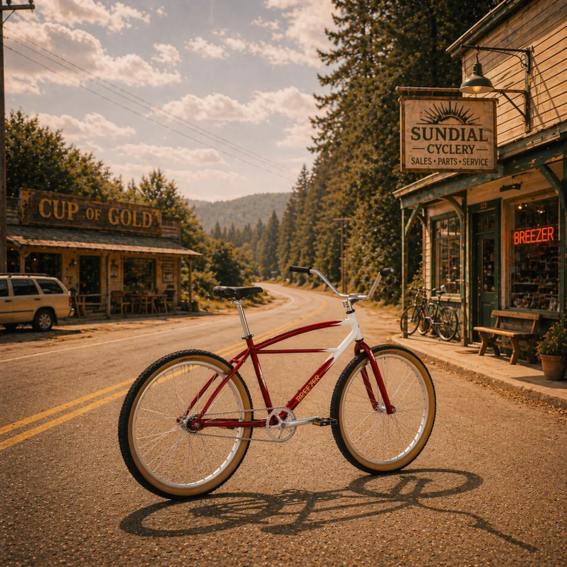 A vintage-style red bicycle stands on a quiet road in front of two shops, "Cup of Gold" and "Sundial Cyclery," surrounded by green trees and mountains under a sunny sky. The scene captures a nostalgic and tranquil atmosphere.