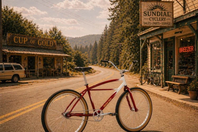 A vintage-style red bicycle stands on a quiet road in front of two shops, "Cup of Gold" and "Sundial Cyclery," surrounded by green trees and mountains under a sunny sky. The scene captures a nostalgic and tranquil atmosphere.